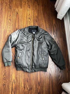 Boys 12 Olive Green Bomber Jacket with Ribbed Trim XL lightly used